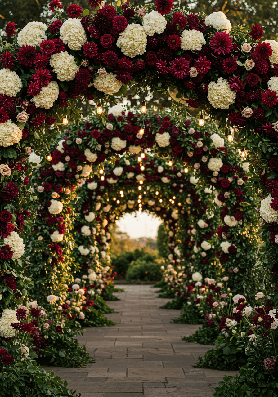 Elegant wedding tunnel entrance with burgundy dahlias and white hydrangeas
