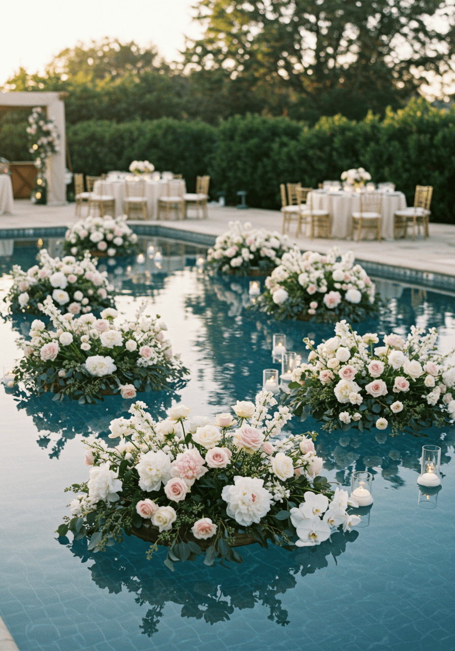 Elegant floating floral arrangements on crystal-clear venue pool during golden hour