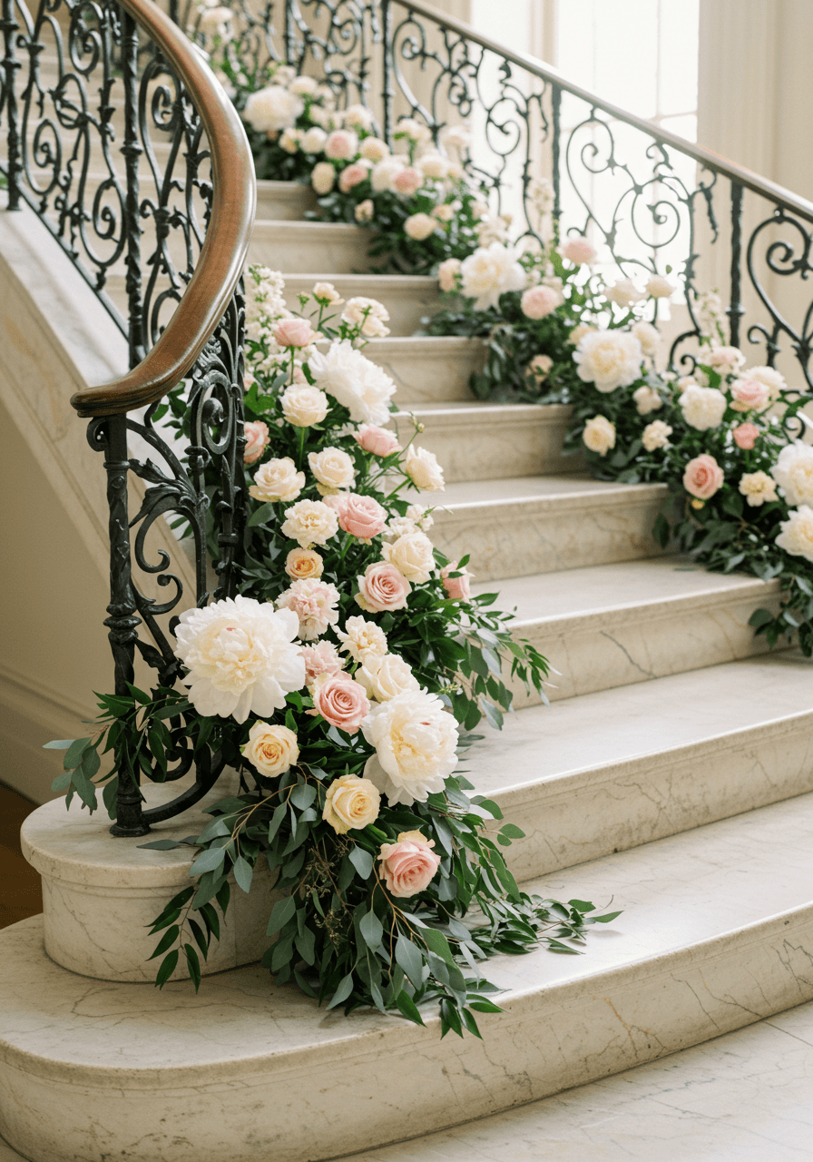 Detailed view of ornate floral arrangements flowing down marble wedding staircase