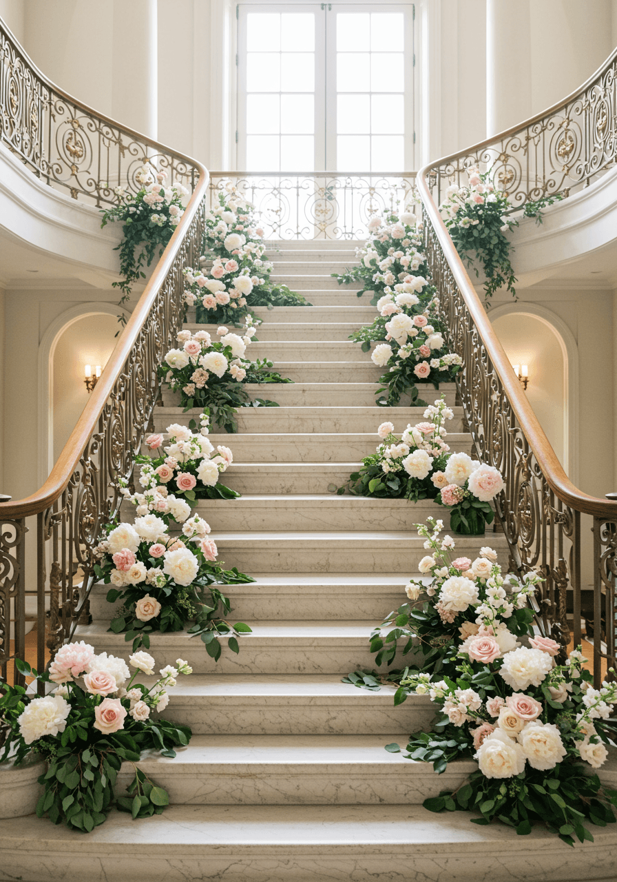 Grand marble staircase adorned with cascading white peonies and blush roses in elegant mansion foyer