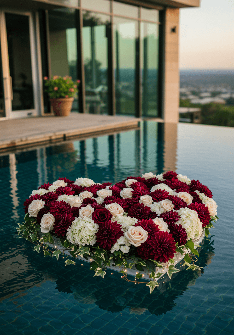 Heart-shaped floral island centerpiece floating in infinity pool at sunset wedding