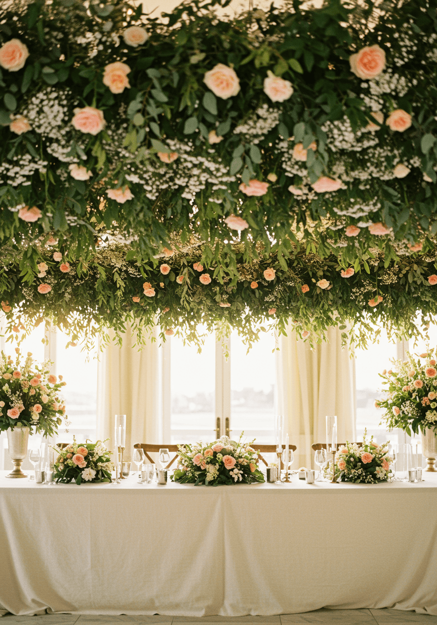 Elegant suspended floral meadow installation floating above luxury wedding head table during golden hour