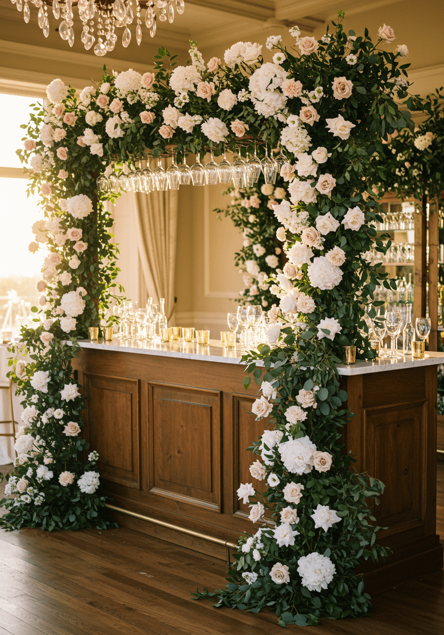 Luxurious wedding bar covered in cascading white and blush pink floral arrangements