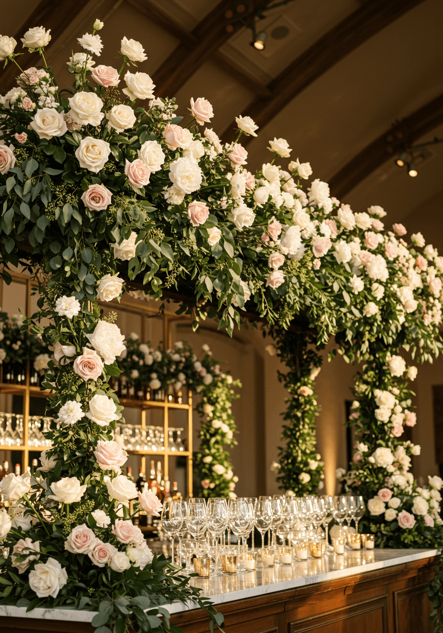 Dramatic angle of floral bar transformation with roses and trailing greenery