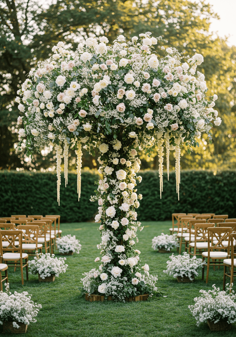 Magnificent tree sculpture adorned with cascading white roses and peonies as wedding backdrop