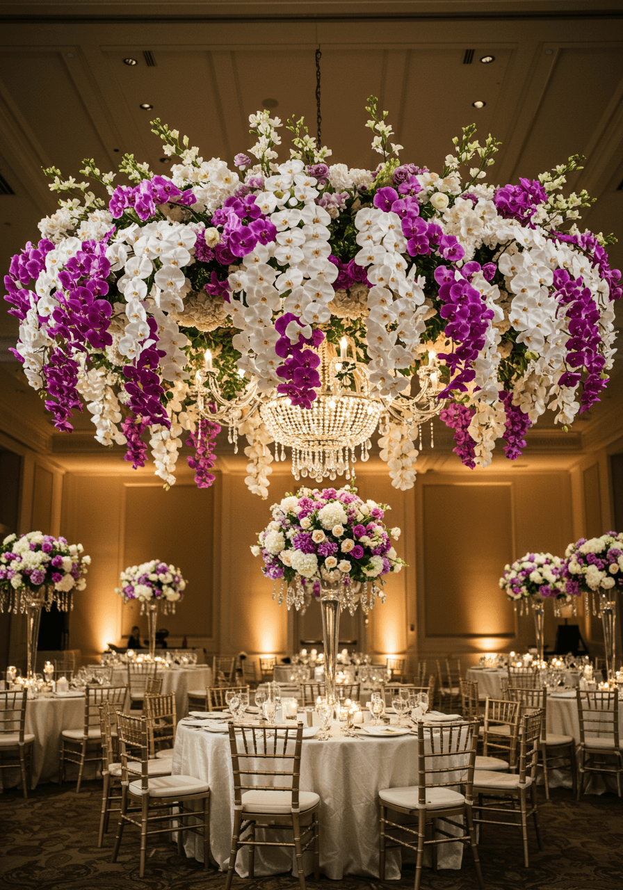 Elaborate orchid chandelier with white and purple blooms suspended over elegant ballroom dining