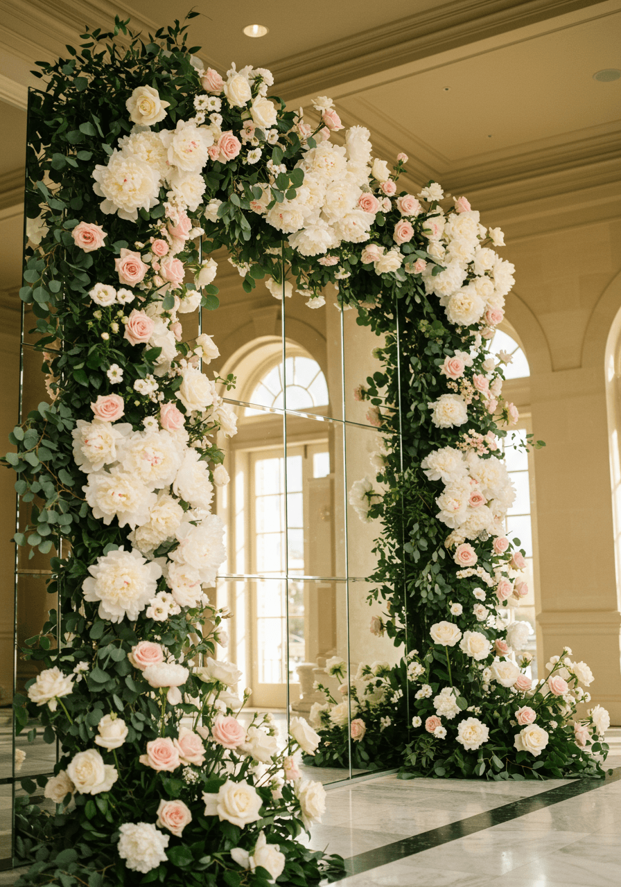 Close-up detail of ornate mirror surrounded by romantic floral arrangements