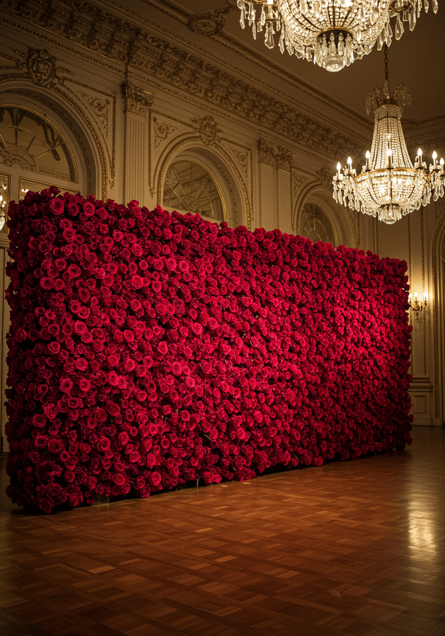 Dramatic floor-to-ceiling wall of deep red roses in elegant ballroom with crystal chandeliers