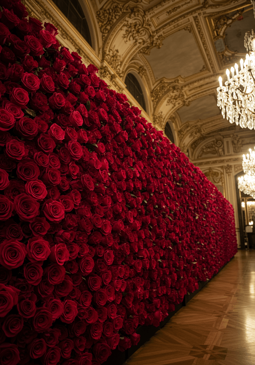 Close-up view of towering burgundy rose wall installation in luxury wedding venue