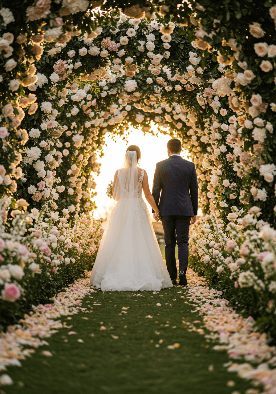 Intimate moment of couple holding hands beneath romantic garden wedding archway