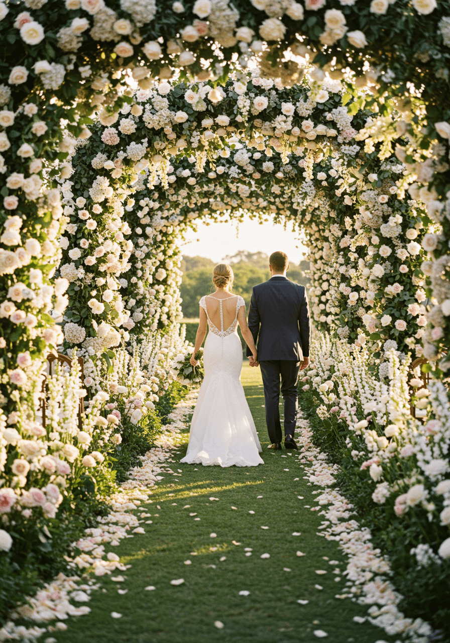 Bride and groom walking through immersive floral tunnel aisle during golden hour outdoor ceremony