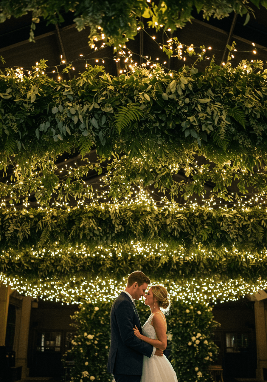 Intimate bride and groom moment beneath greenery canopy with warm lighting