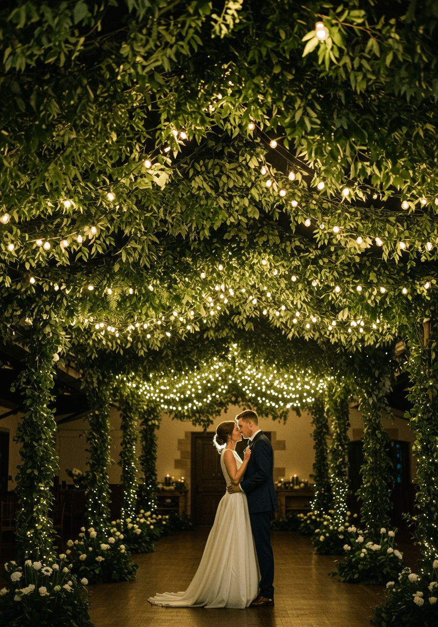 Romantic wedding ceremony under lush eucalyptus ceiling canopy with twinkling string lights