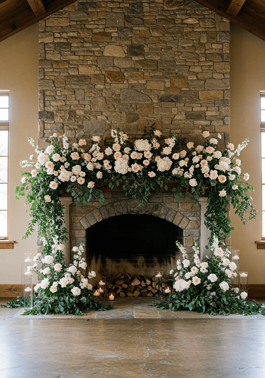 Grand stone fireplace enveloped in cascading white roses and eucalyptus greenery