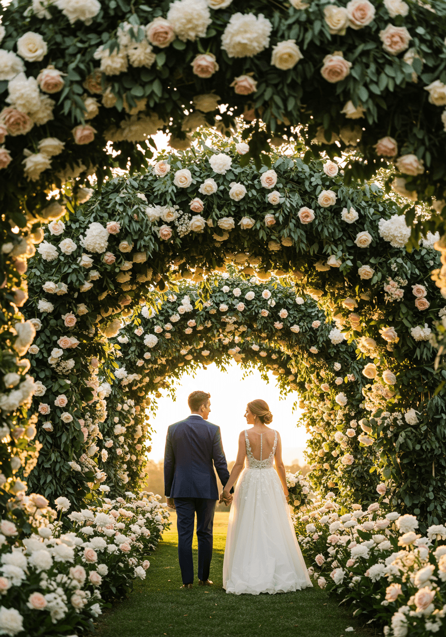 Dramatic approach view of couple beneath cascading floral archway tunnel