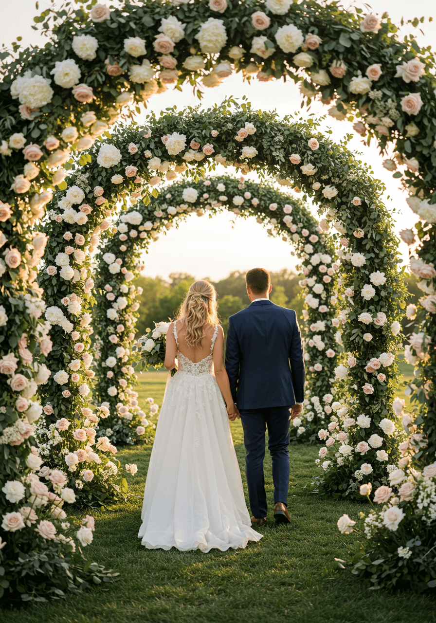 Bride and groom walking hand-in-hand through romantic white rose and peony tunnel