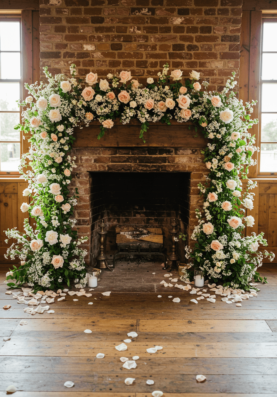 Wide view of cosy barn wedding venue with dramatic fireplace floral installation