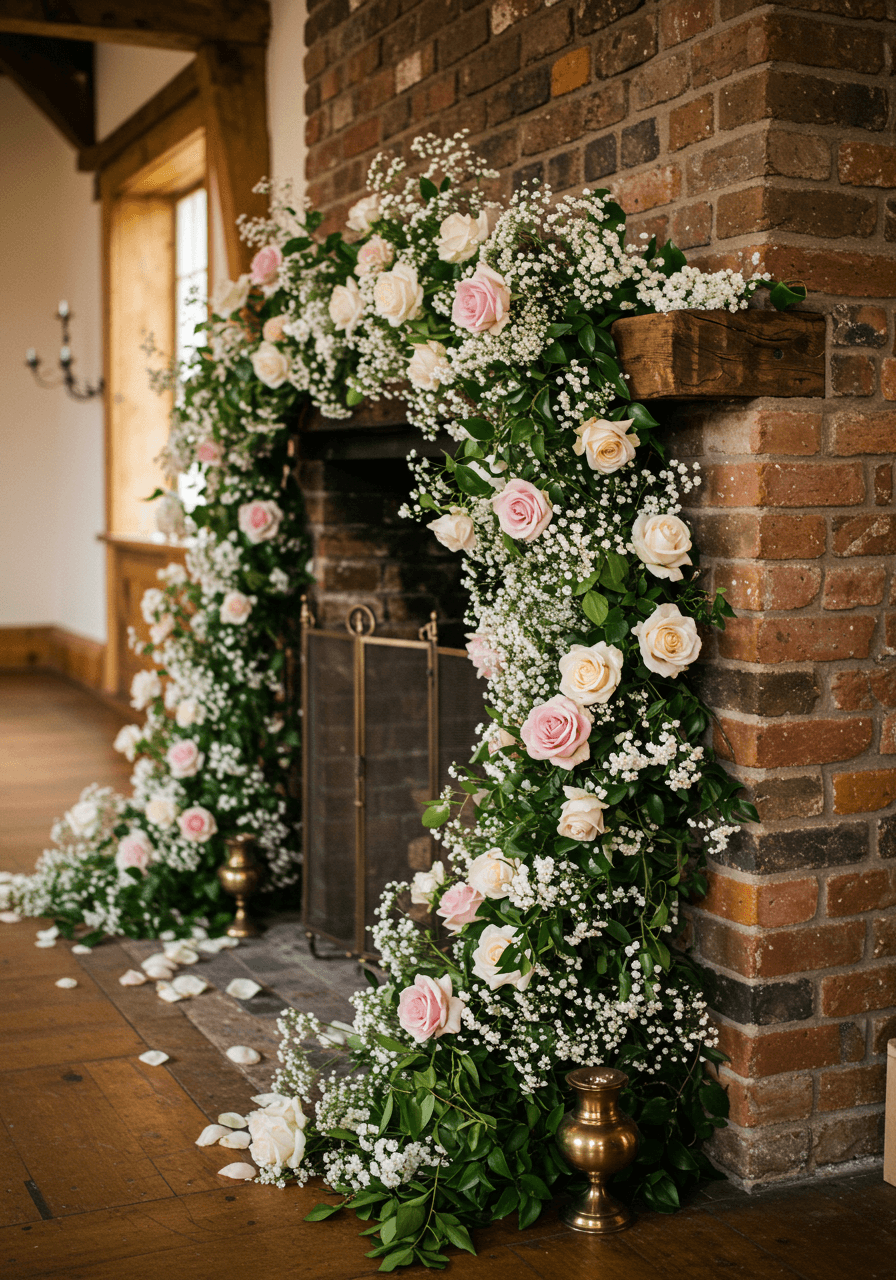 Rustic brick fireplace overflowing with wild garden roses and trailing jasmine