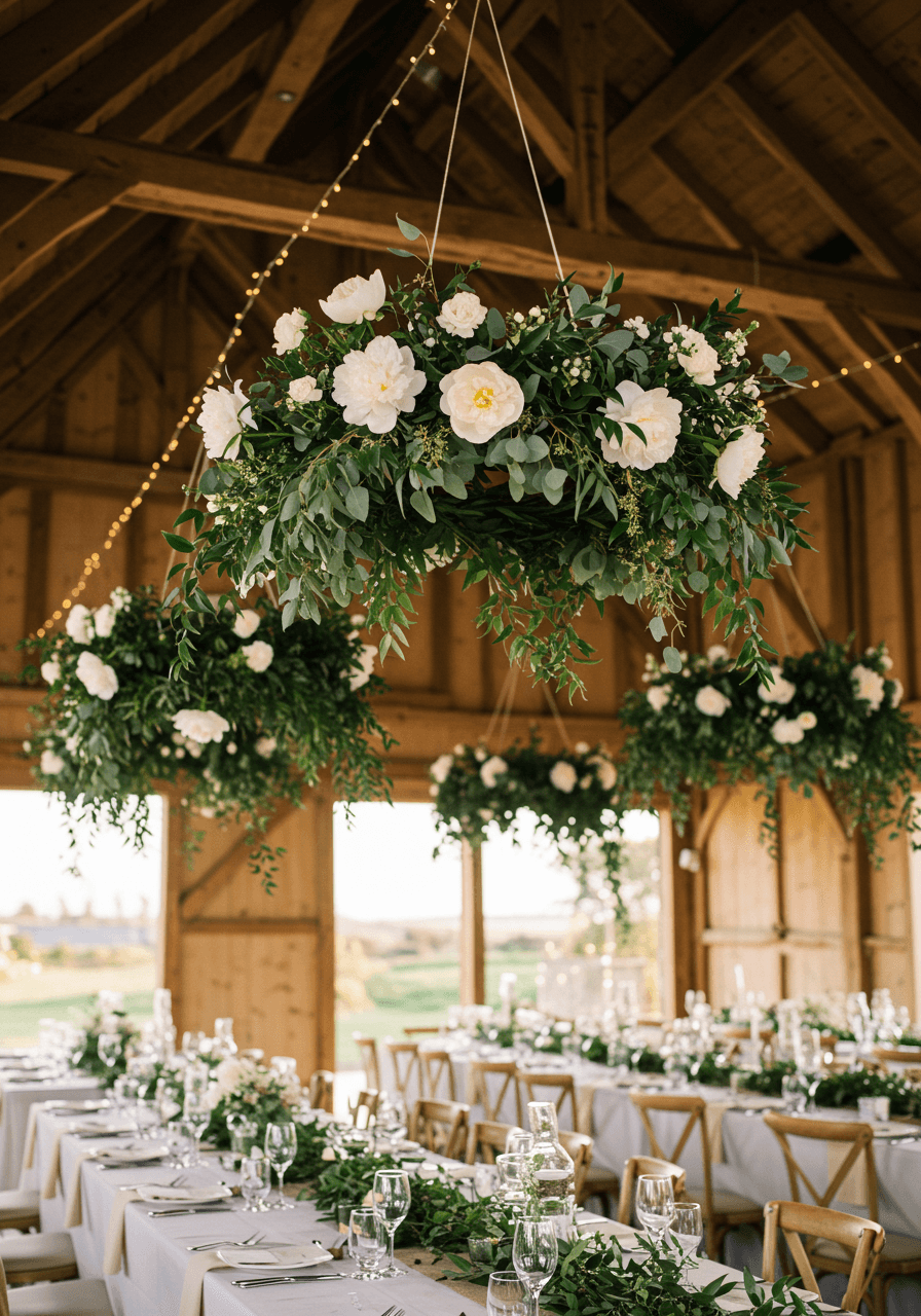 Suspended white peony wreaths creating floating garden above rustic barn reception