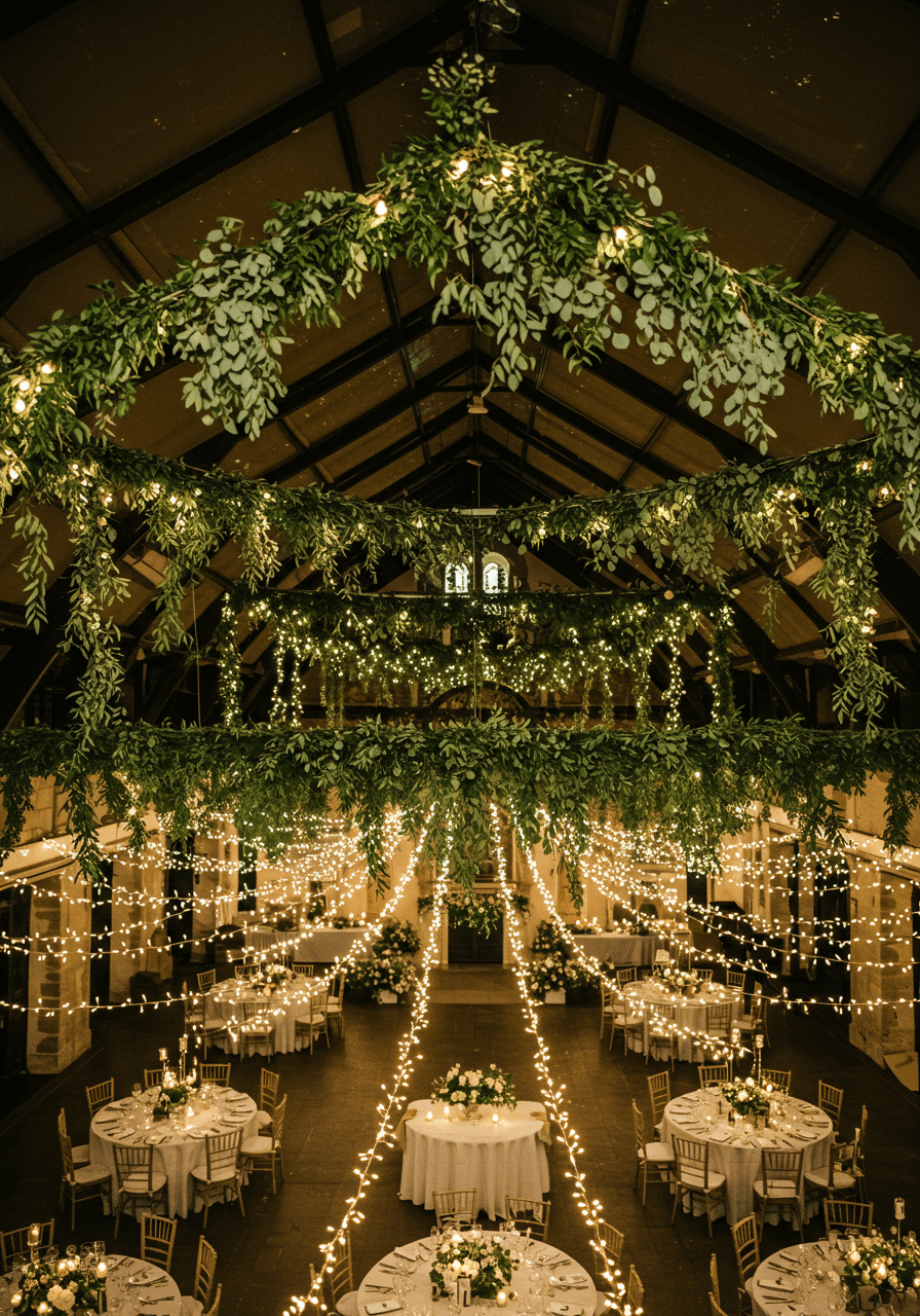 Sweeping overhead view of wedding reception with starlit ceiling installation and suspended greenery
