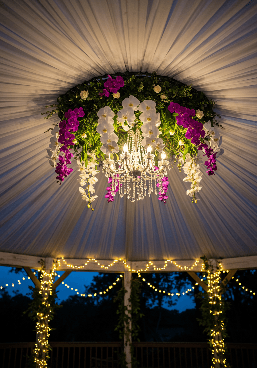 Wide view of outdoor pavilion with flowing orchid installation and fabric draping