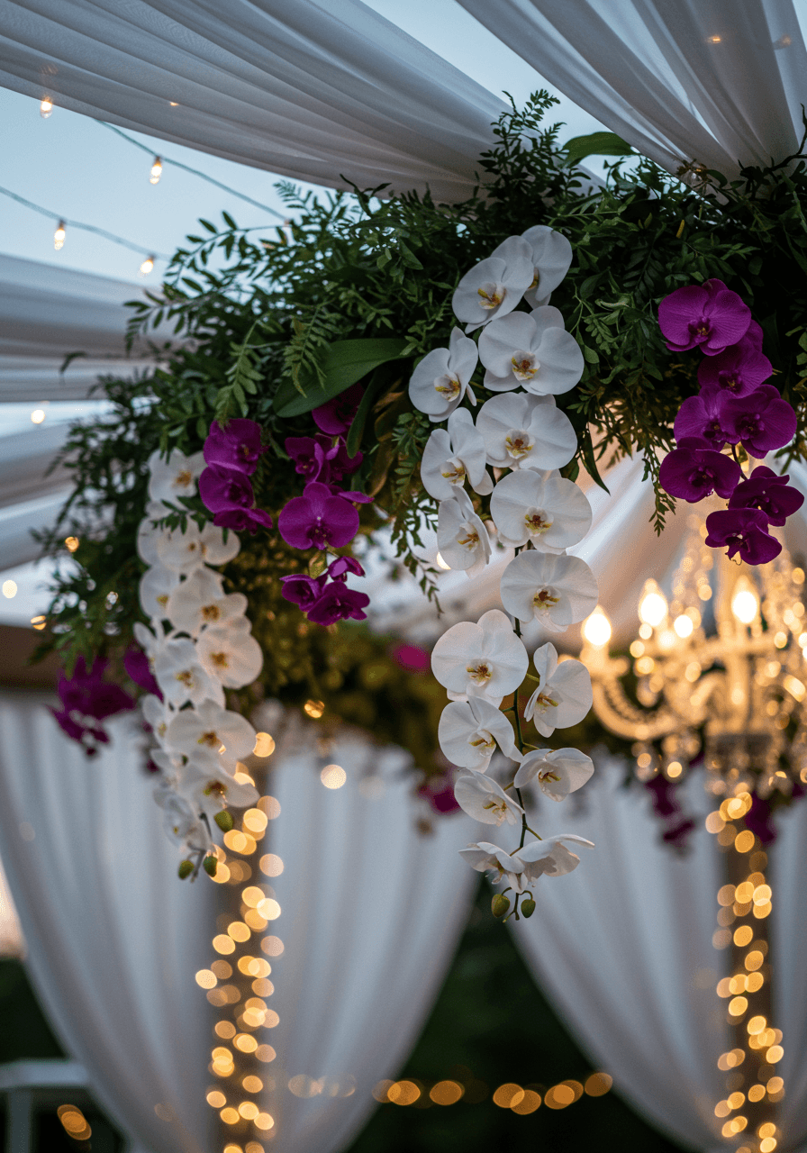 Close-up detail of cascading orchid chandelier with warm twilight lighting