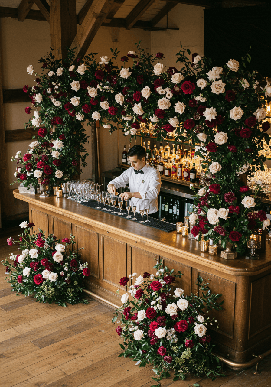 Full view of elegant rustic wedding bar with dramatic burgundy rose arrangements