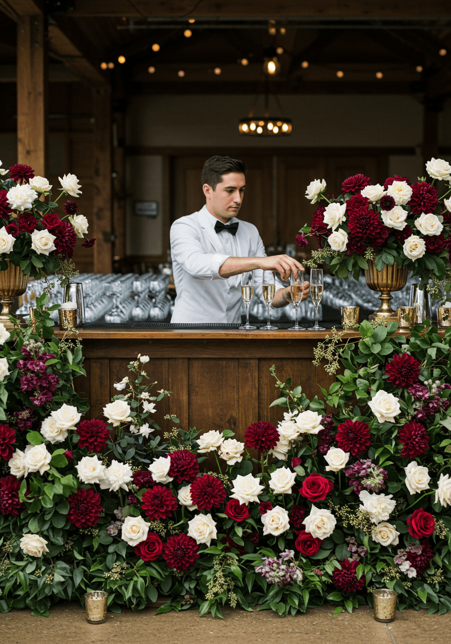 Wedding bartender behind burgundy and white floral bar installation in rustic venue