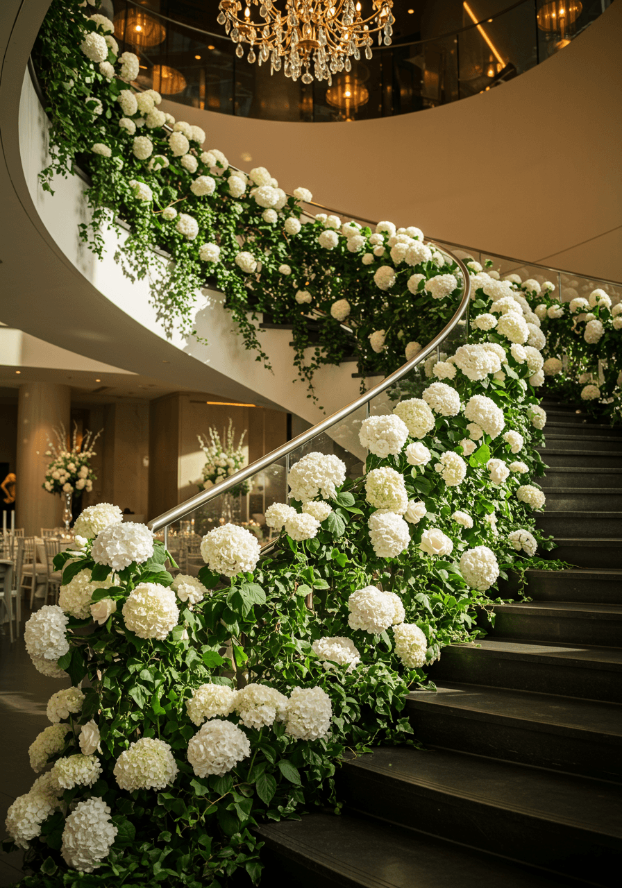 Dramatic curved staircase transformed with white hydrangeas creating cascading floral waterfall
