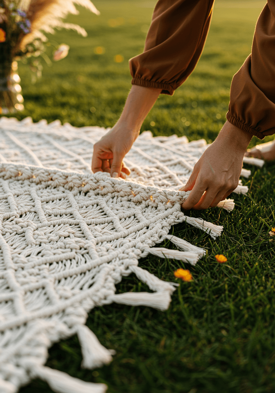 Hands in bohemian sleeves arranging handwoven macramé aisle runner with fringe details on garden grass during golden hour