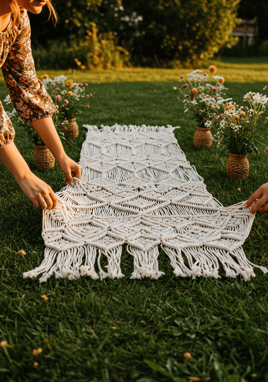 Close-up view of outdoor macramé aisle runner placement in garden ceremony setting