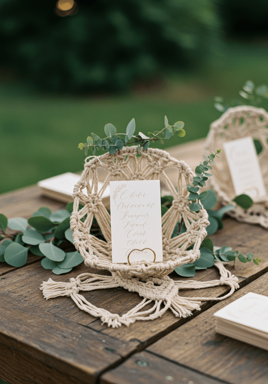 Bohemian macramé escort card display with rope patterns holding white cards on rustic wooden table