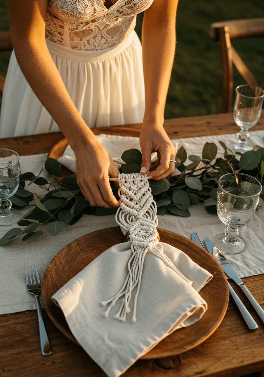 Close-up detail of bride adjusting macramé napkin ring at outdoor wedding table setting