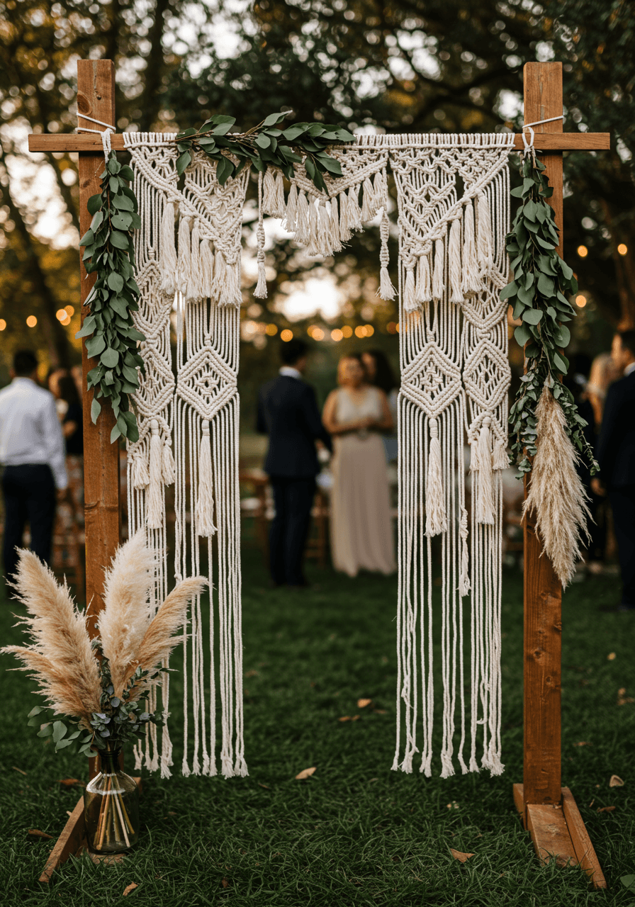 Ornate macramé photo booth frame with diamond patterns suspended between wooden posts in garden setting