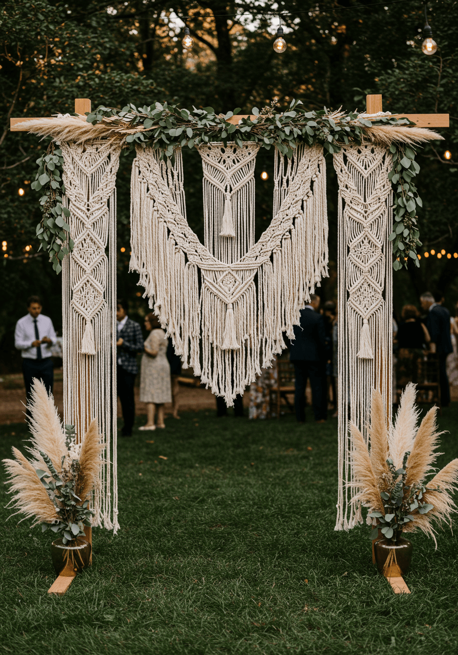 Wide view of bohemian macram photo frame setup in garden venue with guests in background