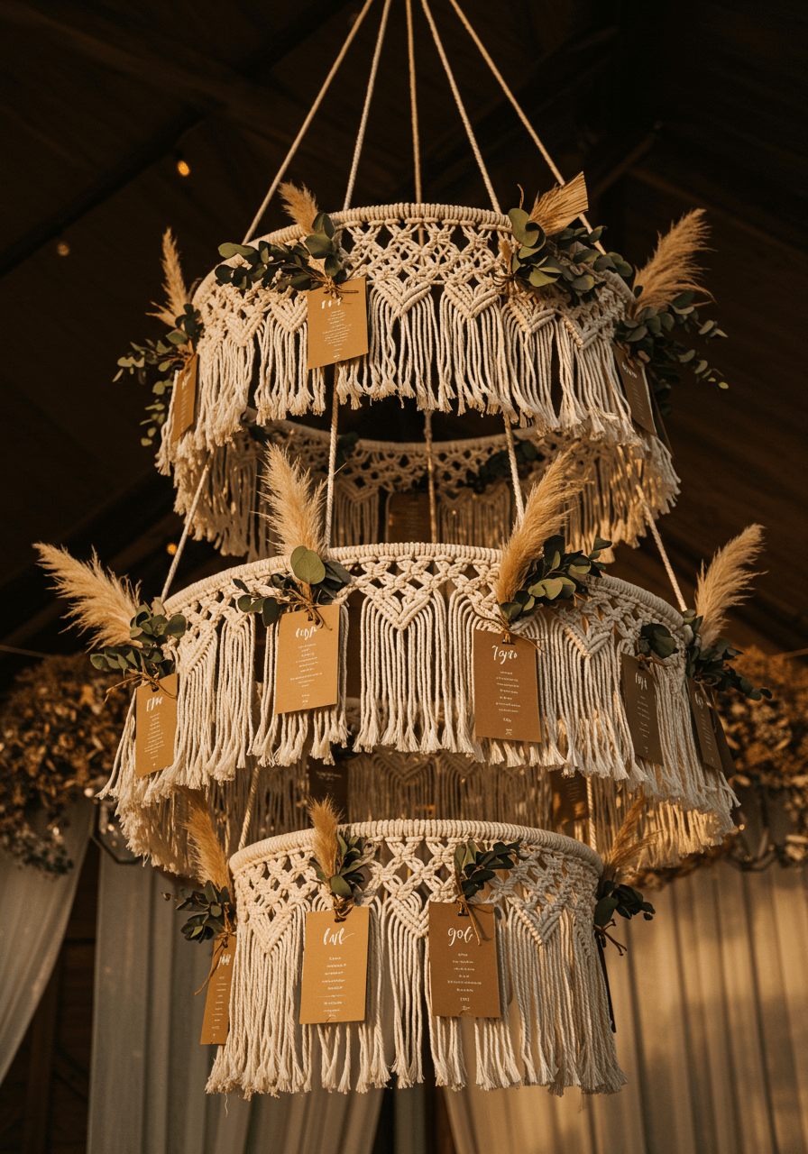 Close-up detail of hanging macramé place card installation with diamond patterns and botanicals