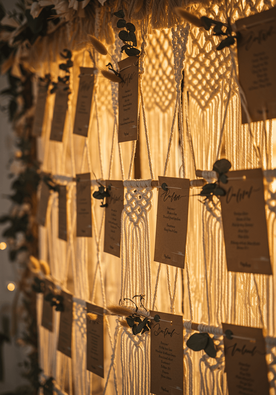 Tiered macramé hanging display with place cards suspended at varying lengths during golden hour