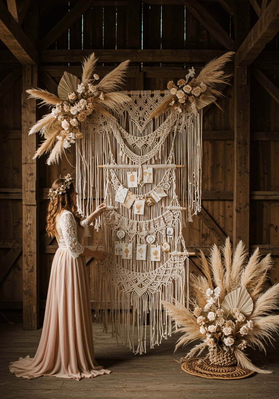 Woman in bohemian dress reaching toward elaborate macramé escort card wall in vintage barn setting