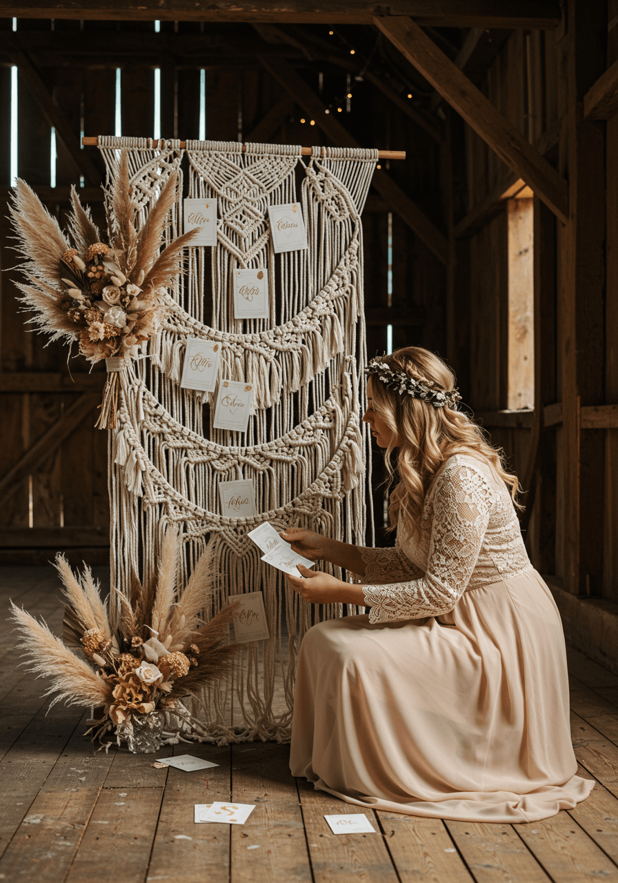 Close-up view of woman examining escort cards on tiered macramé wall installation