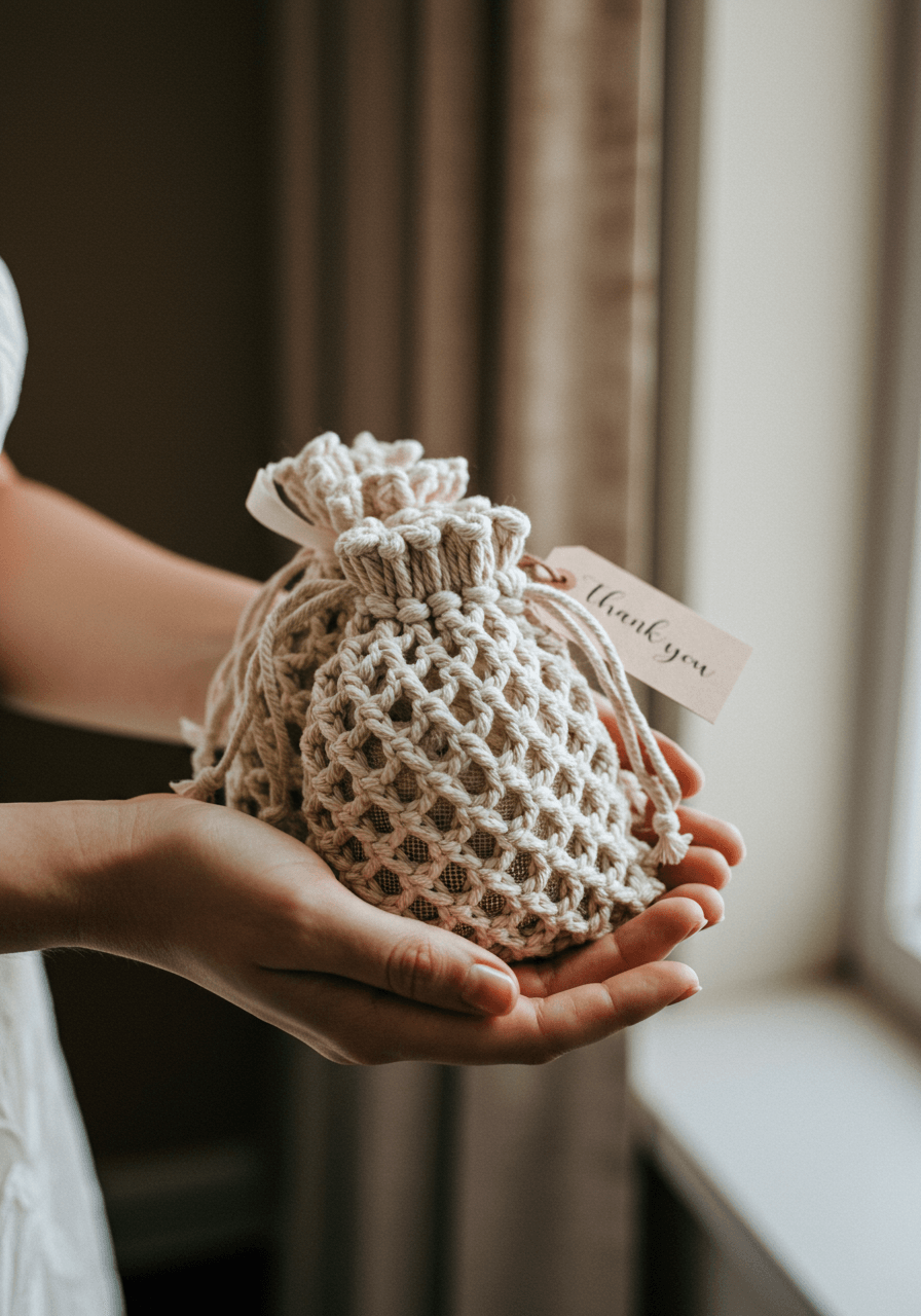 Bride's hands holding small drawstring bags made from cream macramé cord with diamond patterns