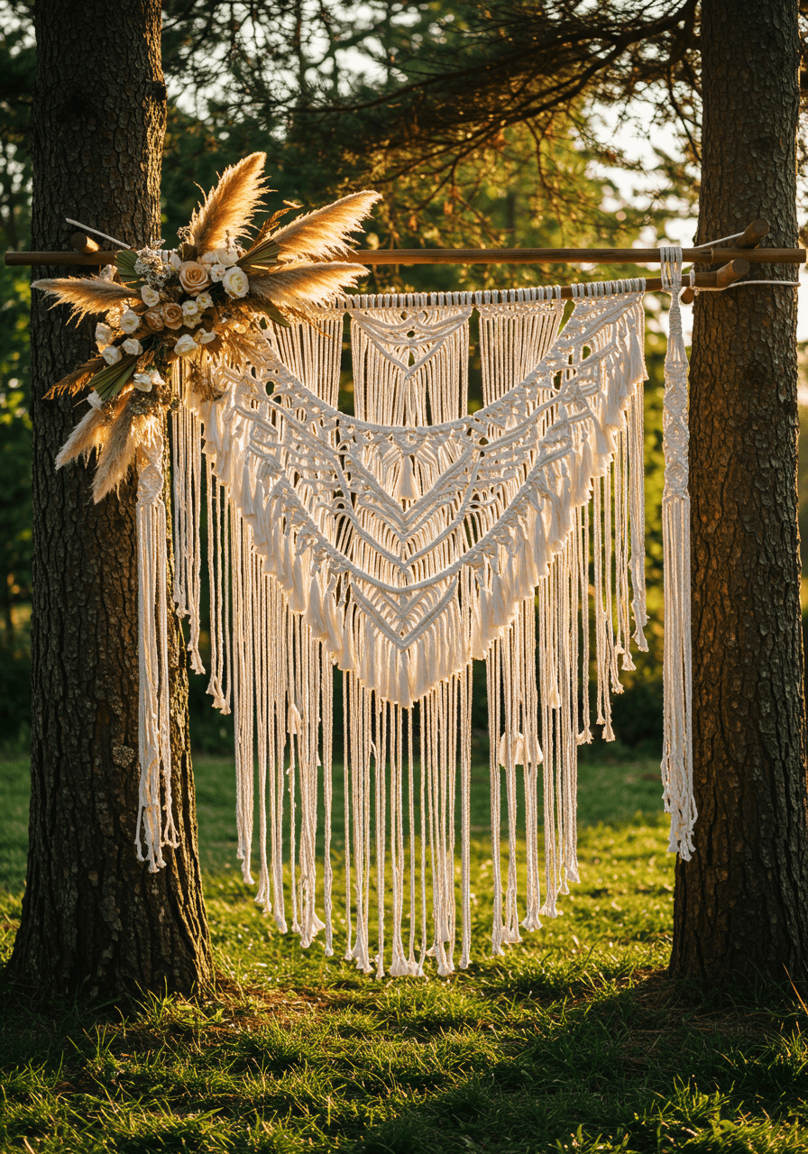 Stunning hanging macramé ceremony arch suspended between trees in outdoor garden setting during golden hour