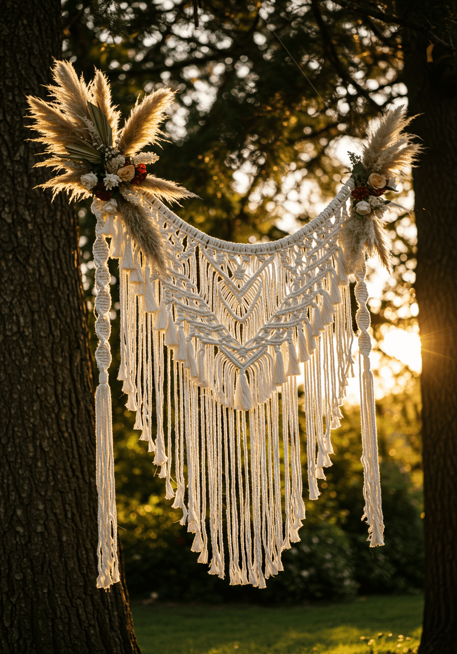 Low angle perspective of macramé wedding arch with intricate geometric patterns in garden venue