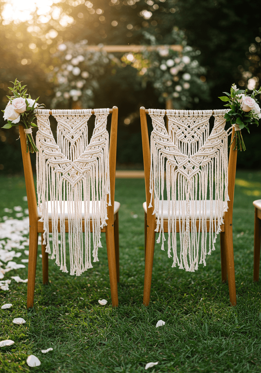 Elegant wooden wedding chairs with macramé back decorations in romantic outdoor garden ceremony space