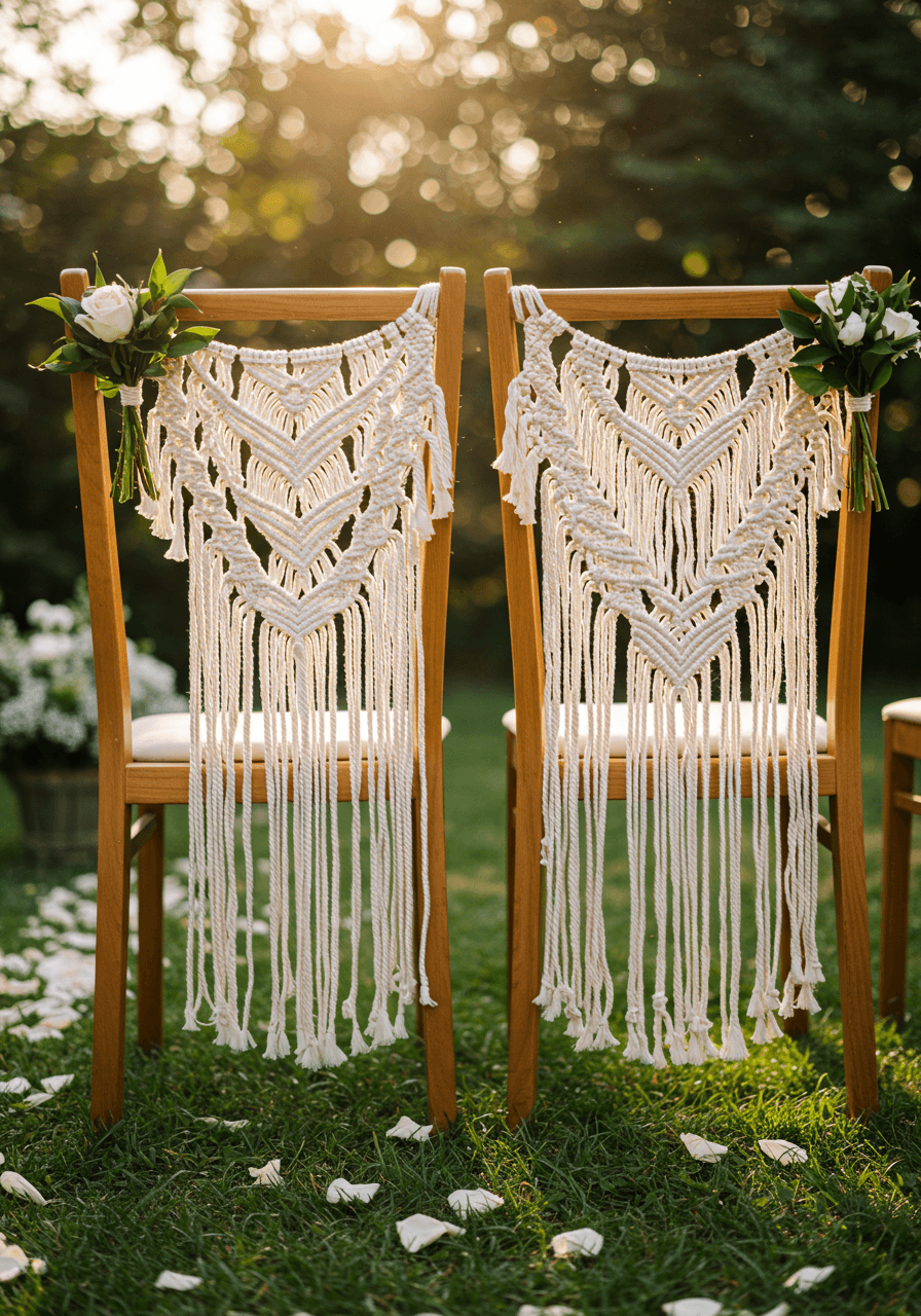 Low angle view of decorated ceremony chairs with geometric macramé patterns during golden hour
