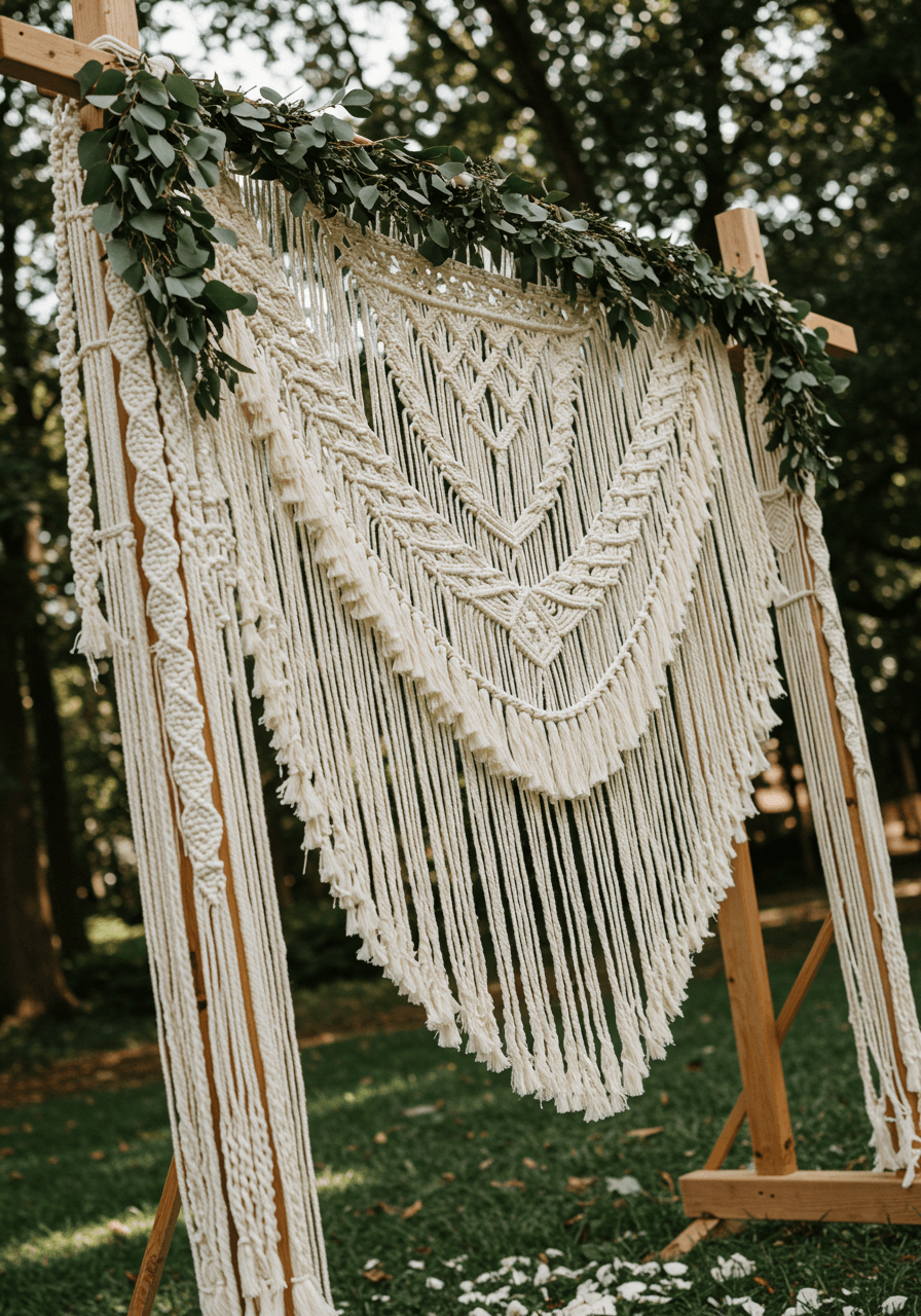 Close-up detail of macramé altar draping with eucalyptus woven through geometric patterns