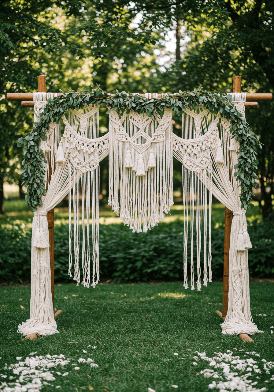 Macramé drapes with knotted patterns and tassels cascading from natural wood altar in garden ceremony