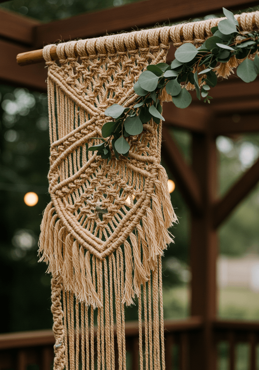Close-up detail of elaborate macramé arch corner showing diamond and spiral knotwork patterns in rustic venue