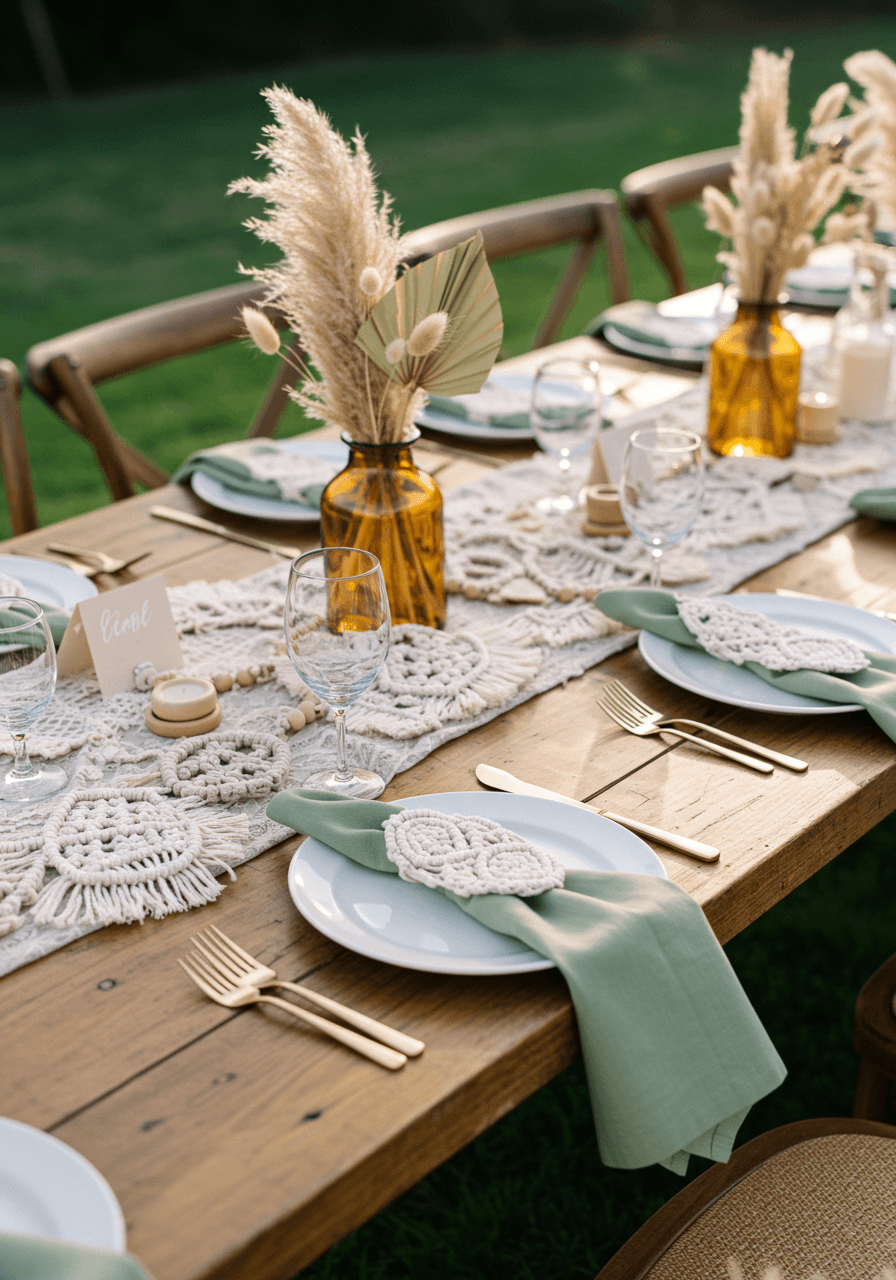 Multiple macramé napkin rings with varying boho patterns arranged on rustic farm table with neutral place settings
