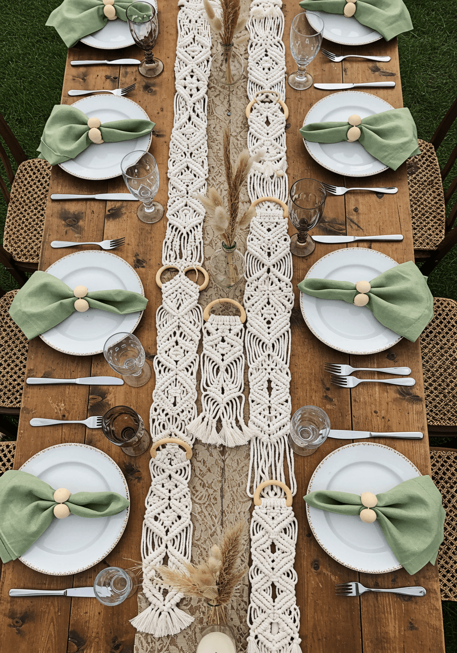 Overhead view of bohemian table setting with macramé napkin rings and sage green linens