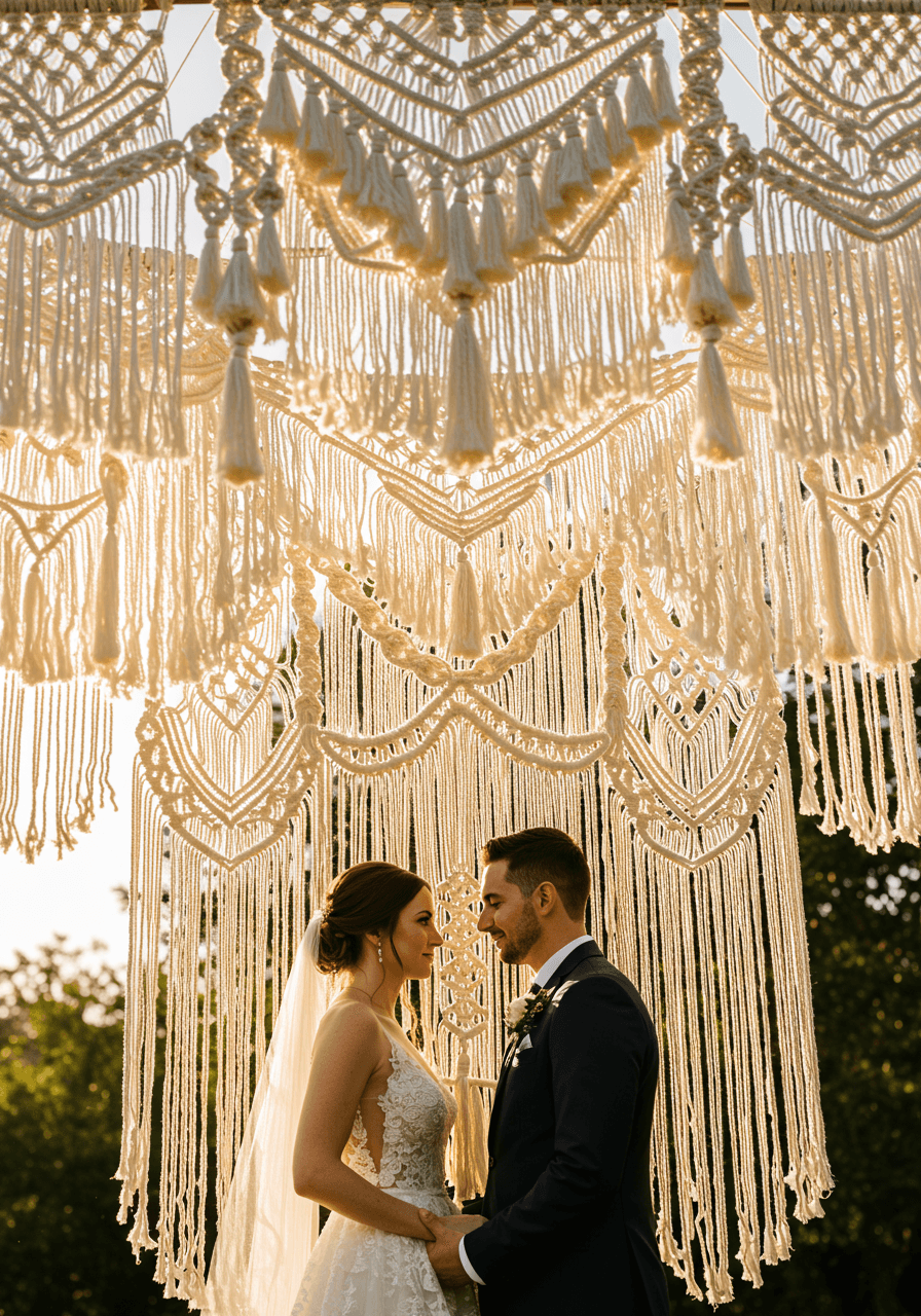 Close-up view of couple under macramé ceremony canopy with flowing tassels and geometric details